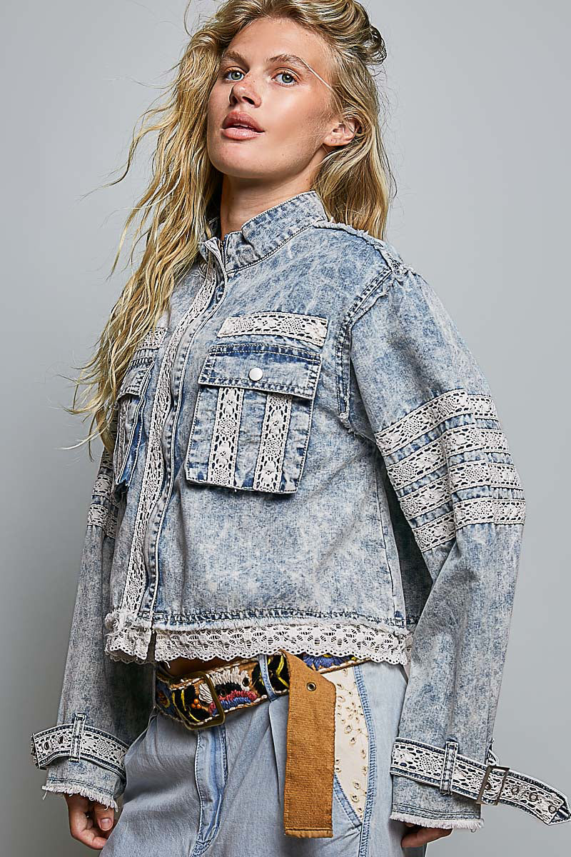 Pol- Jacket Denim 2 Pocket Wristlet Straps w Lace UWT850