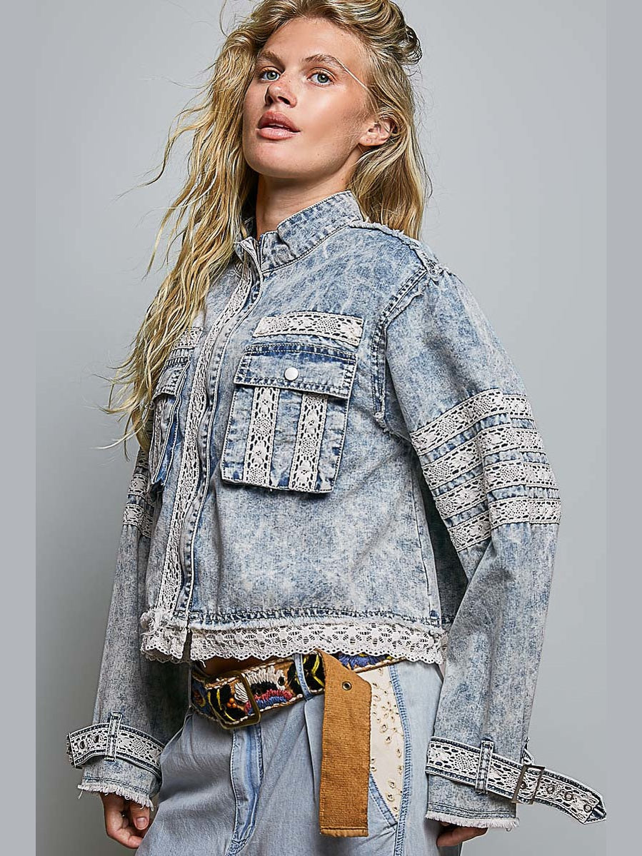 Pol- Jacket Denim 2 Pocket Wristlet Straps w Lace UWT850