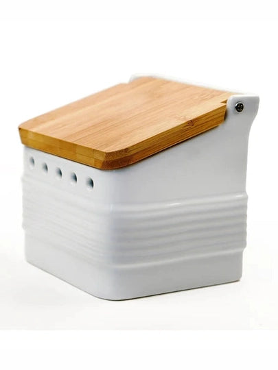 Garlic Keeper White Stoneware/Bamboo Lid 4.5" GAR-KEP