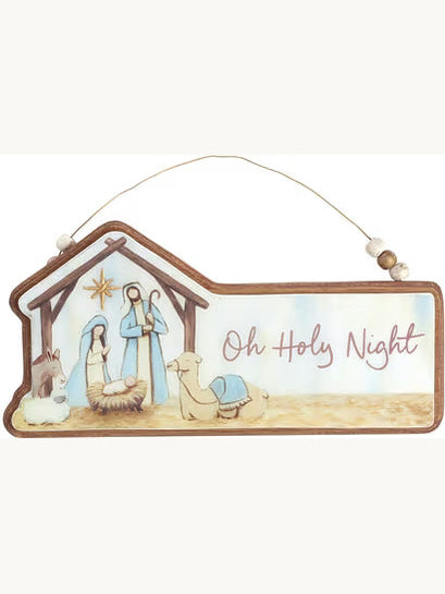Christmas Ornament Oh Holy Family Nativity Wooden Lacquer 5"x 10"9751102