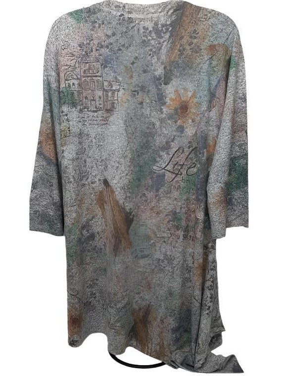 Shirt Pullover Grey Abstract 3/4 Sleeve Women's-T345bG