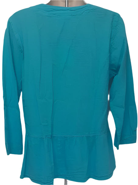 Top-S-1677 Button Front Long Sleeve-Turquoise-Women's