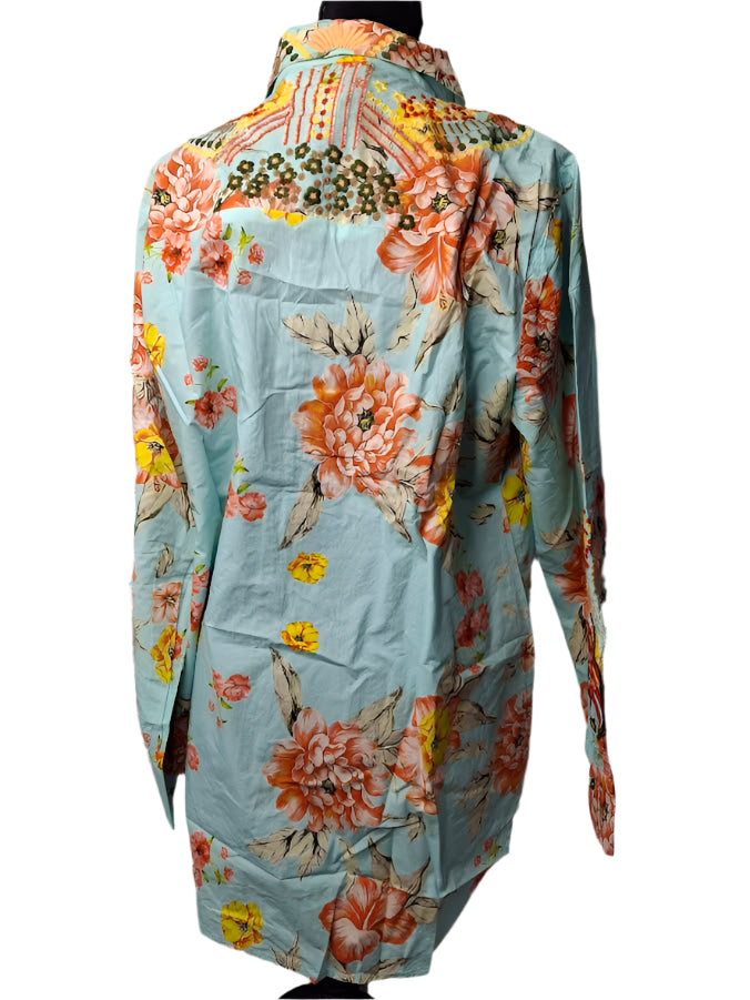 Shirt Button Long Sleeve Multi Colored Aqua AAh6048