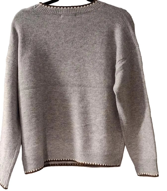 Sweater Grey Dog Long Sleeve Crew Neck Women's 56419