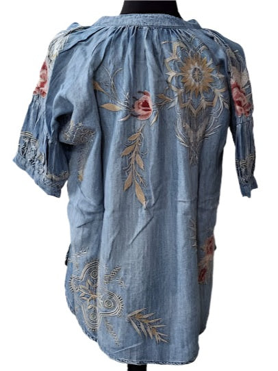 Blouse Aviva Pull Over Blue Embroidered Floral 1/2 Sleeve Women's Kyvk285