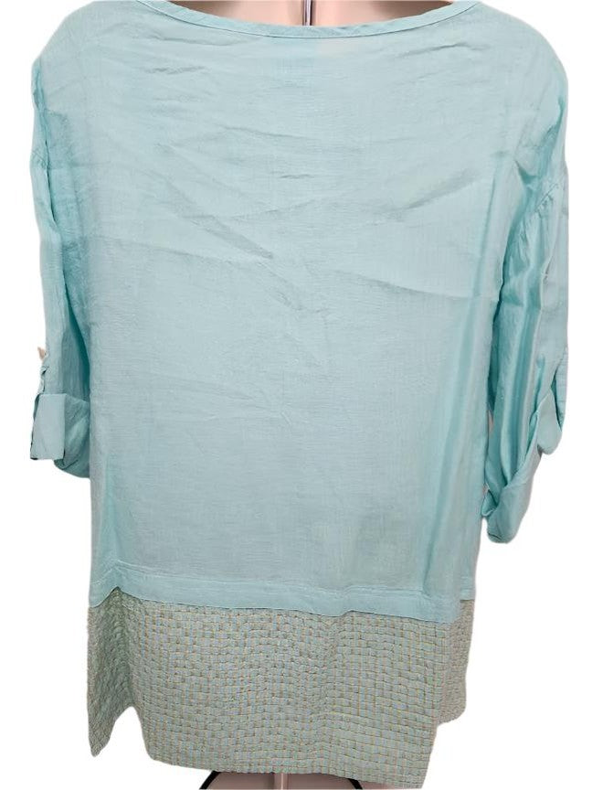 Top 3/4 Button Cuffed Sleeve 3 Button Pullover Aqua Women's Plt2137