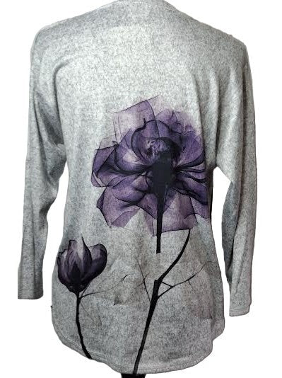 Shirt Pullover Grey Purple Flower Long Sleeve V Neck Women's H3063686