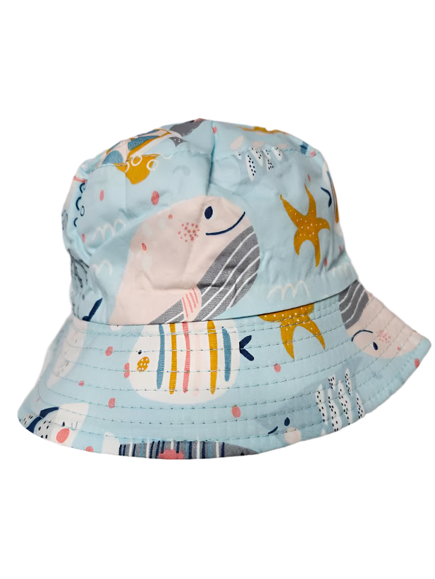 Bucket/Sun Hat With Chin Strap Wide Brim Children's 2-7yr Light Blue Sea Creatures scbhlbsc