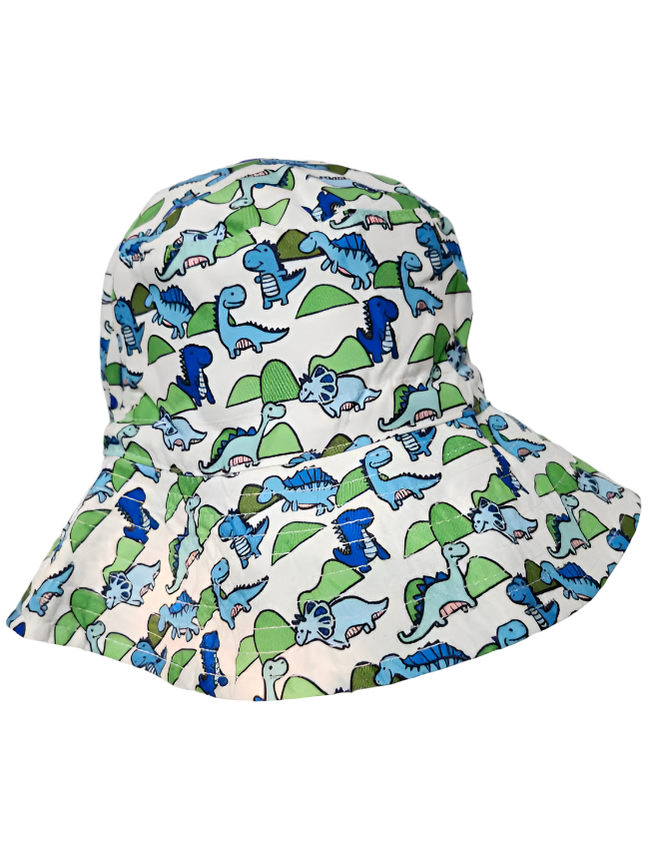 Bucket/Sun Hat With Chin Strap Wide Brim Children's 2-8yr White/Green/Blue Dinosaur scbhwgbd