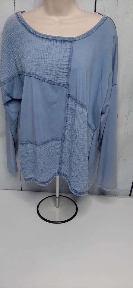 Top-Pullover3/4 Sleeve Blue Mixed Linen & Cotton-Women's-c40995 