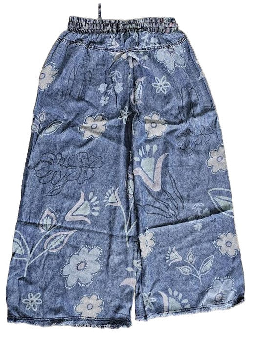 Pants Washed Denim Flower Print 2 pocket Draw String Wide Leg Fray Chambray EB56808