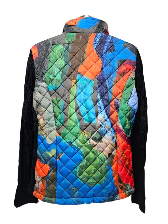 Jacket Quilted Knit Zipper Front Knit Sleeve - Abstract Women's 91761