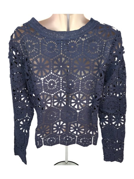 Cardigan Navy Blue Knit Crochet Cotton Button Front Long Sleeve 423940NAV