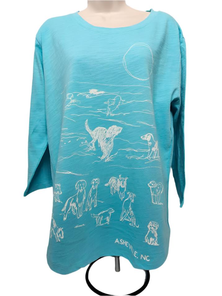 Shirt 3/4 Slub Hi-Lo Lake Dog White on Blue LQH Ladies Fit Asheville, NC name drop