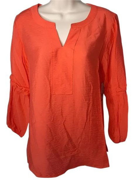 Women's 3/4 Bell Sleeve Band Collar Top-Coral