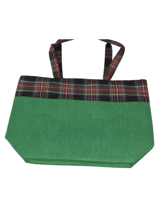 Tote Bag Zipper Top Christmas Tree Holly Jolly Green Plaid 13x20x6"Mbo-264