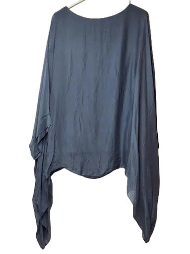 Marisima- Top Pullover Silk Blue Jeans Floral Short Sleeve Women's One Size 1688/XPBJ