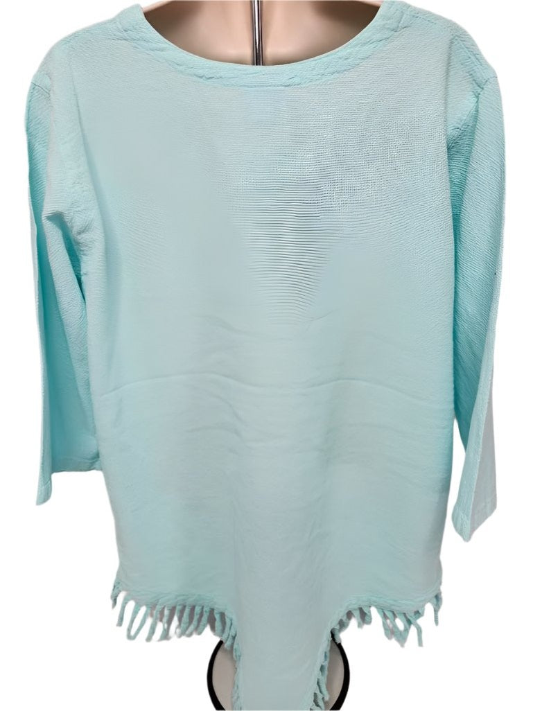 Shirt Pale Green 1/2 Sleeve V Neck Fringe Womens 449