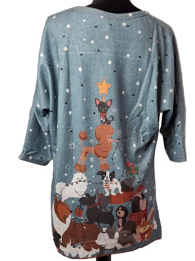 Top Pullover Christmas Dogs Aqua Long Sleeve Women's 25630C