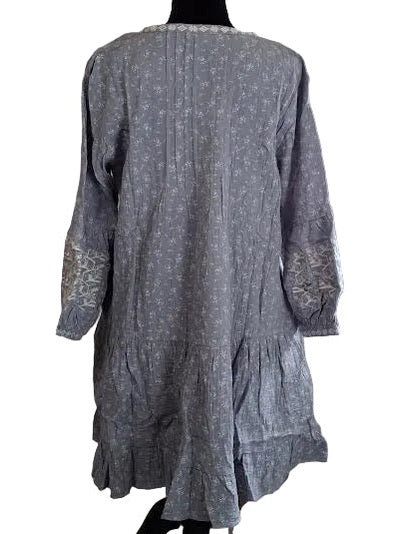 Dress Pullover Dusty Blue Embroidered Trim Cotton Gauze Women's ED26137