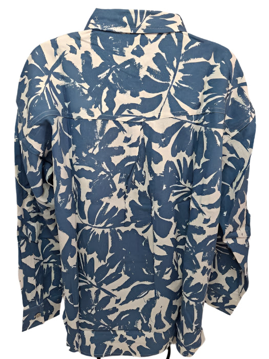 Shirt Blue/White Floral Long Sleeve Collared Linen Blend Women's 423844BLU