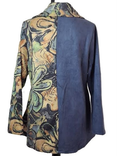 Jacket Suede 3 Button 2 Pocket Front Blue Floral Long Sleeve Women's 25851