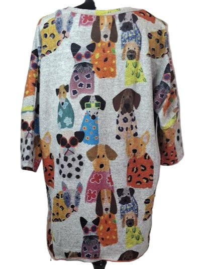 Shirt Dogs Grey Pullover Scoop Neck 3/4 Sleeve 25630