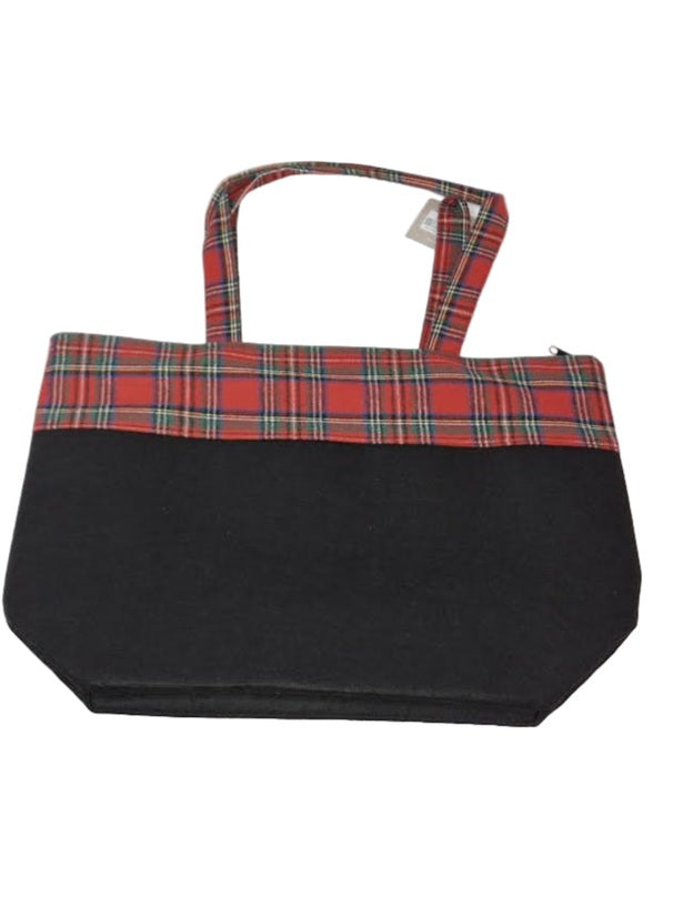 Tote Bag Zipper Top Christmas Santa Ho Ho Ho Black/Red Plaid 13x20x6"Mbo-263