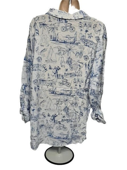 Shirt-Button Front-White/Blue Beach3/4 Sleeve-M23504bm