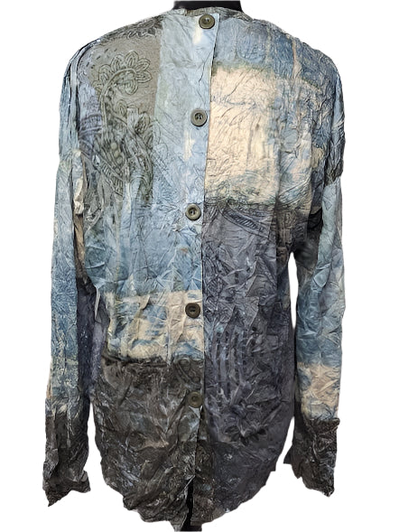 Shirt Button Back Crinkle Long Sleeve Scoop Neck Multi Colored Women's 25601BU