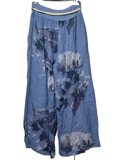 Marisima-Pants Linen Ocean Blue Floral 2 Pocket Rope Draw String Wide Leg Women's One Size 99917OB
