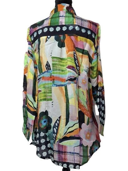 Shirt Button Front Long Sleeve Sheer Multi Colored Orange/Blue AAh6094