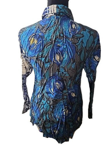 Shirt Crushed Mix Media Blue Buttons 25515-Blue