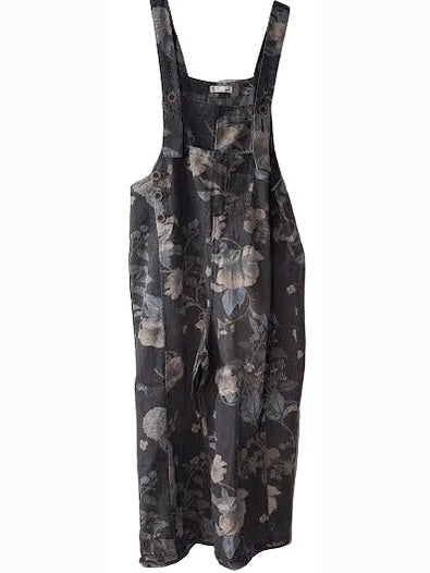 Overalls Black Denim Flower Print Women's EB56886