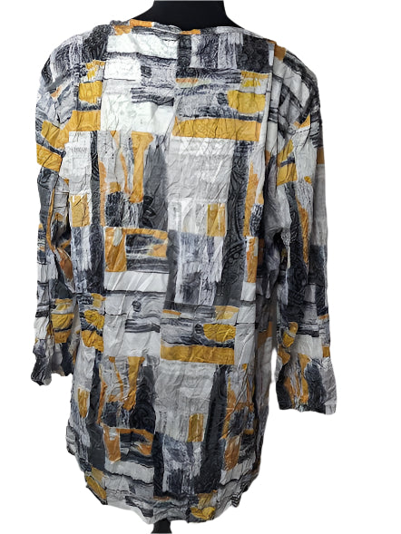 Shirt Pullover Crinkle Knot 3/4 Sleeve Mustard Multi Colored Women's 25616M