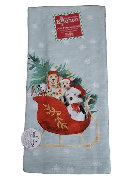 Tea Towel Christmas Sleigh Pups Dual Purpose Terry H6875
