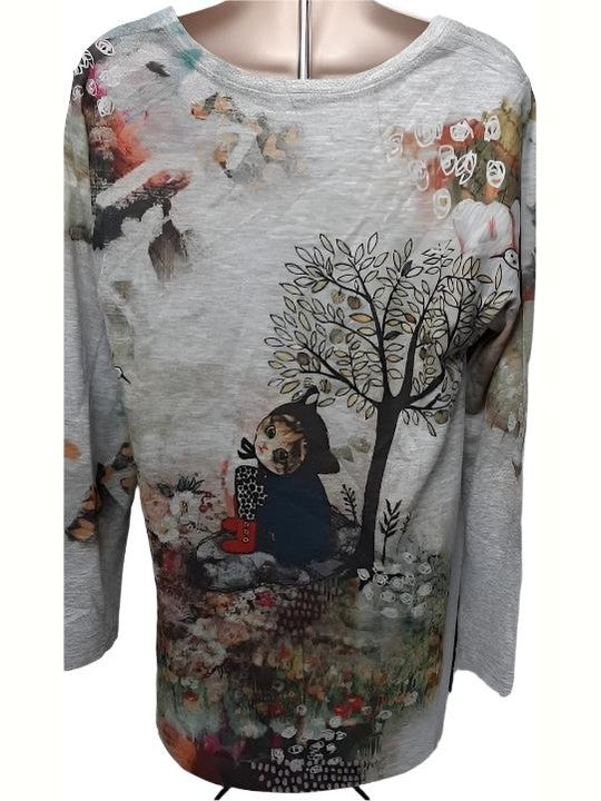 Shirt Pullover Grey 2 Cats Long Sleeve Cat Women's-T666F