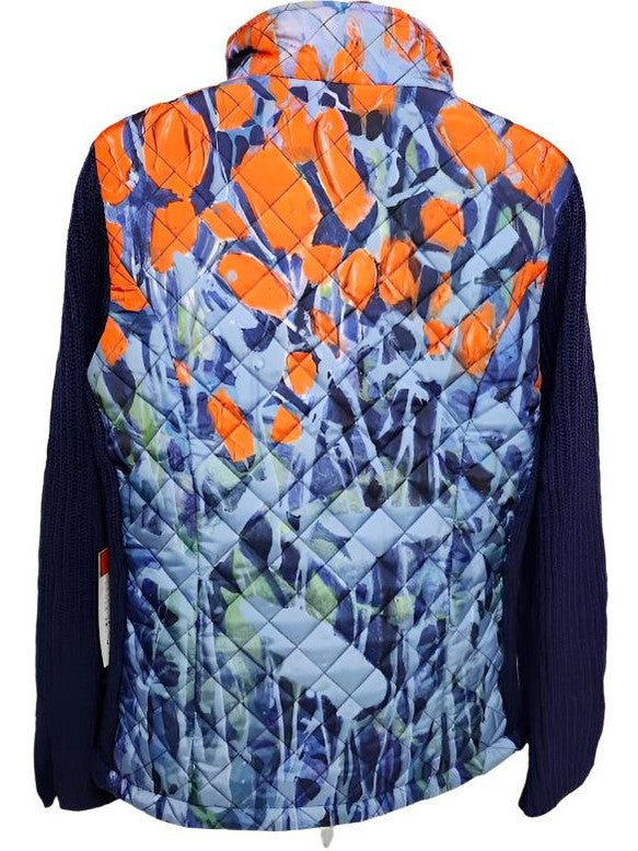 Jacket Quilted Zipper Front Knit Sleeve Blue / Orange Women's 91763