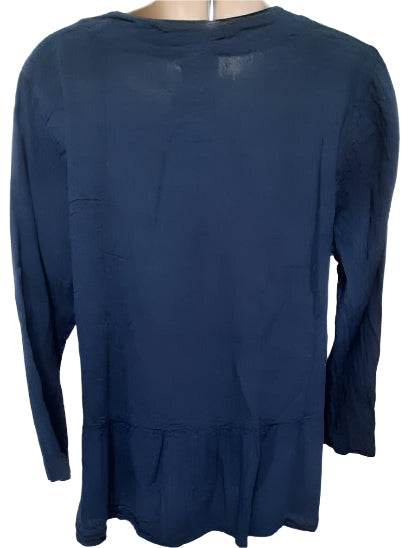 Top-S-1677 -Button Front V-Neck-Long Sleeve-Dark Blue-Women's
