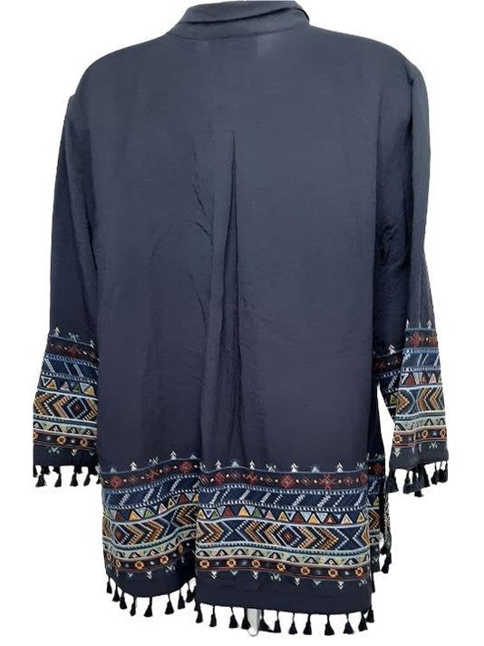 Top-Dark Blue-Button Front3/4 Sleevew Collar-Women's-J33834bm