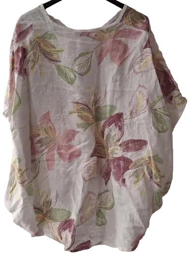 Top Pullover White Floral V-Neck Linen Open Sleeve Women's One Size 14706