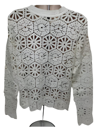 Cardigan White Knit Crochet Cotton Button Front Long Sleeve 423940wh