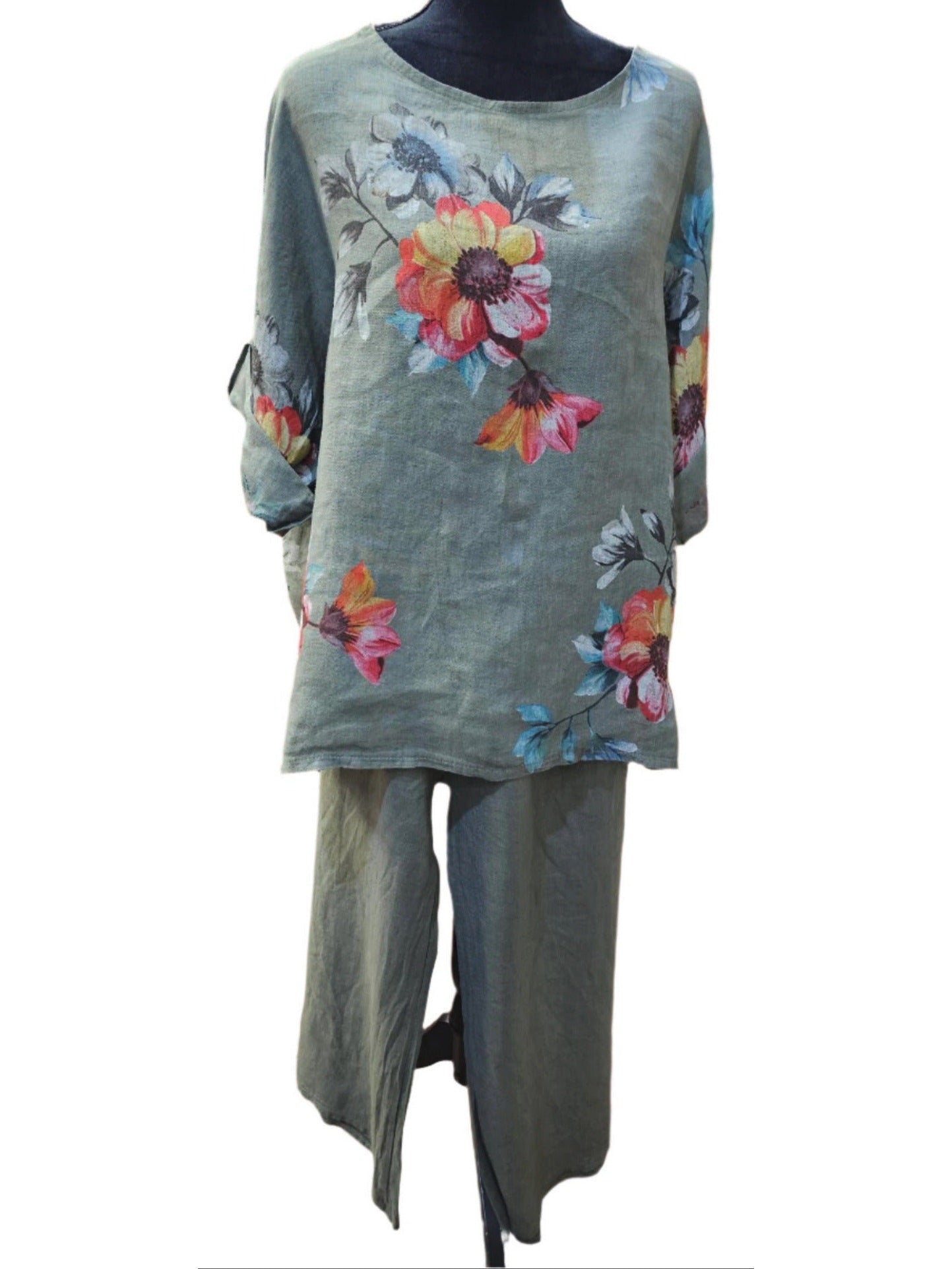 Top Pullover Floral Design Linen Olive Green / Multi Colors Women's