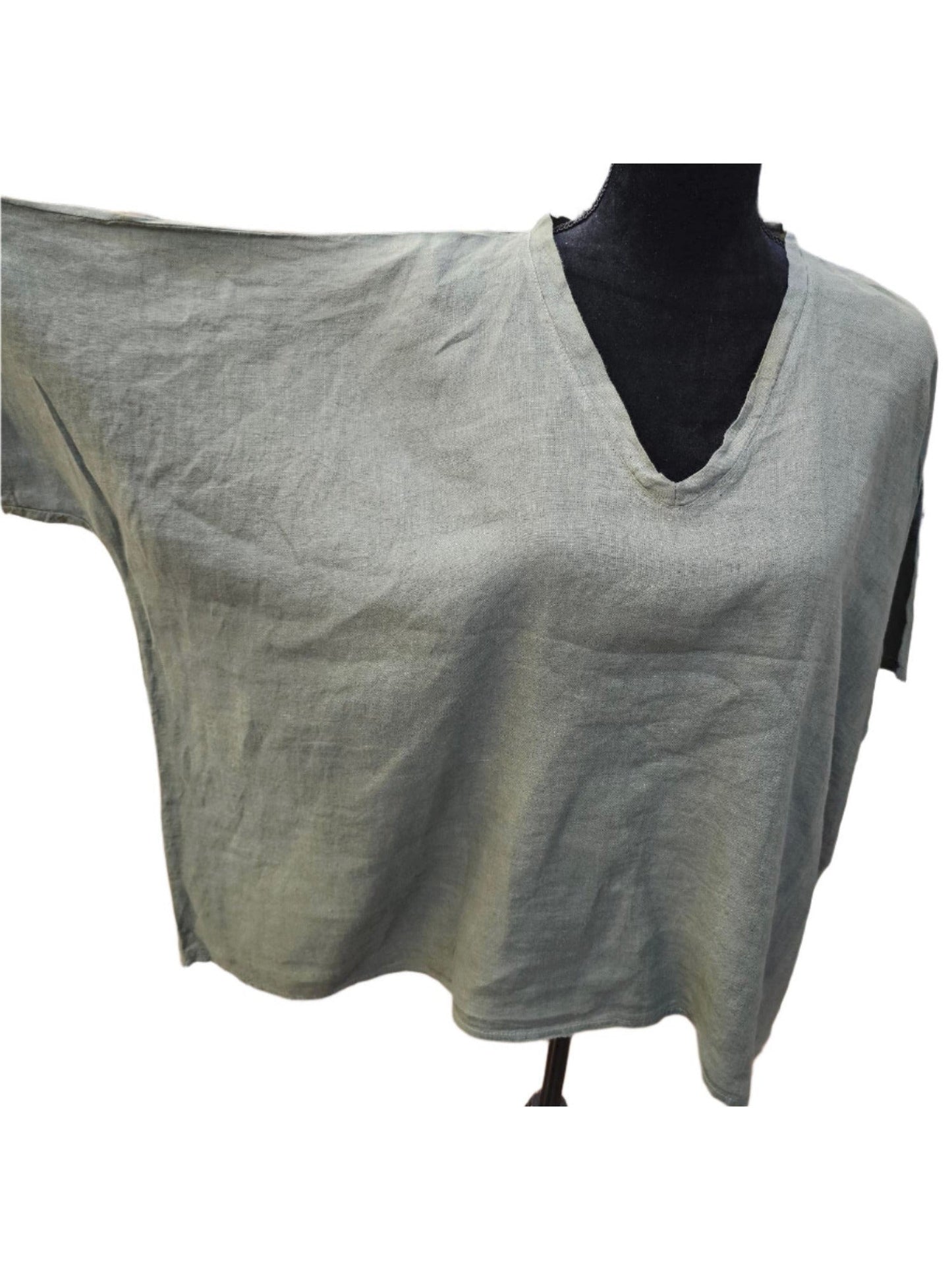 Top Pullover V-Neck Olive Green Linen Women's