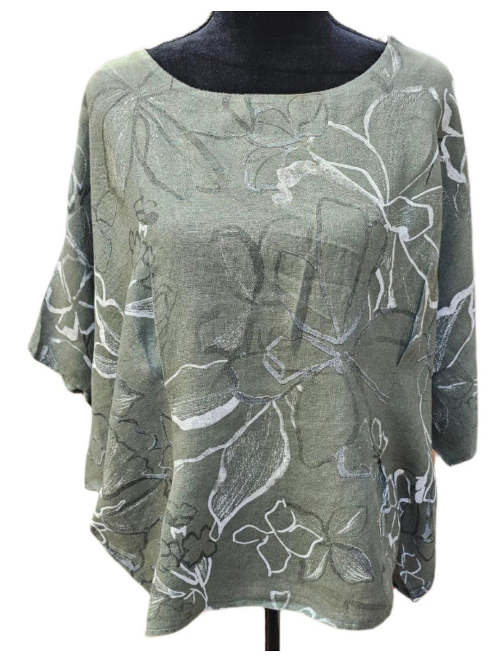 Top Pullover Floral Design Linen Olive Green / White Colors Women's