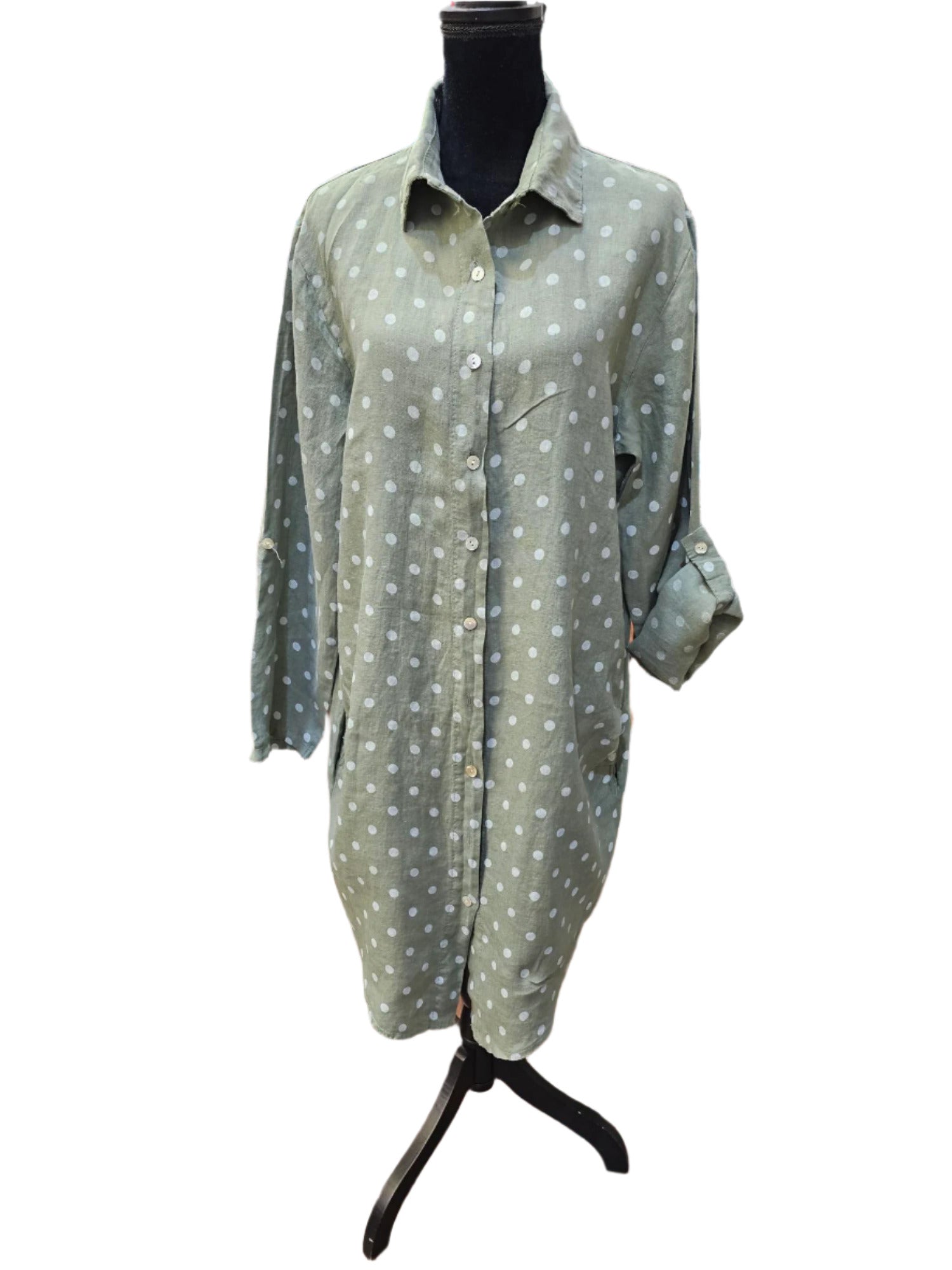 Dress Linen Sage Green Polka Dots Side Pocket Women's #17821 – Razberry  Threads