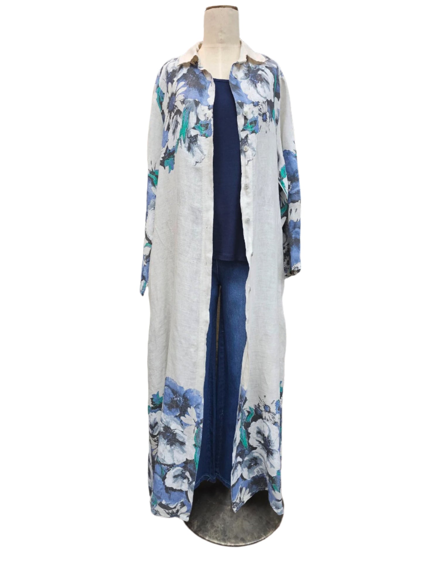 Dress Linen Long White Blue Button Front 2 Pocket Women's