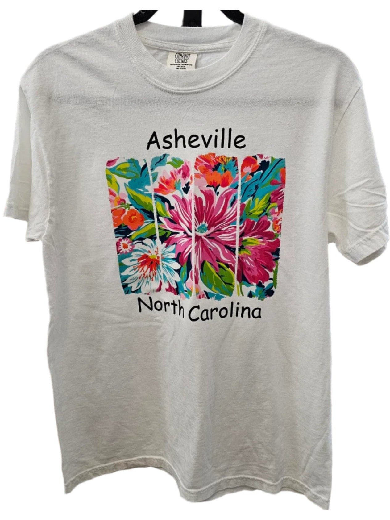 Tee Shirt Bright Flowers Short Sleeve Fun colors Asheville NC Logo Comfort Colors White Tee