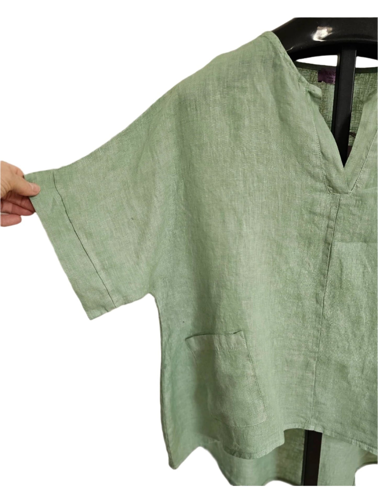 Top Pullover 1Pocket High Low Linen Short Sleeve Women's One Size 146051