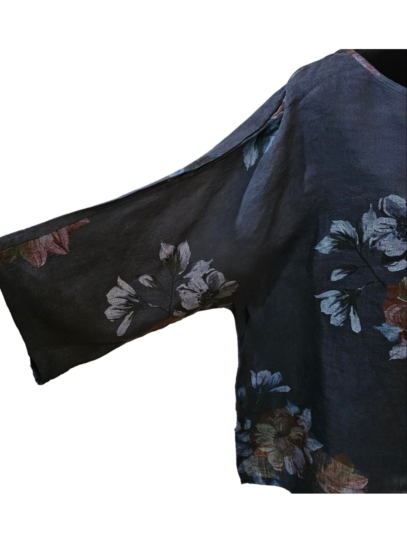Top Pullover Floral Design Linen Navy Blue Multi Colors Women's